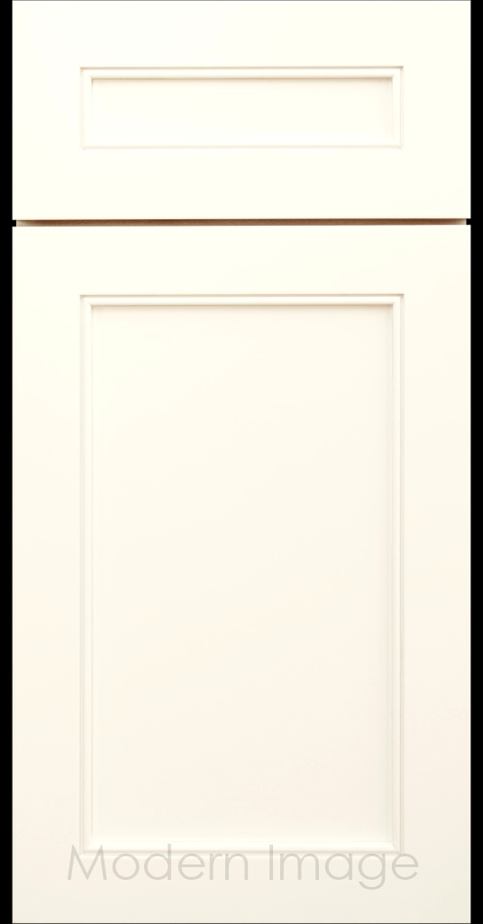 Highland Vanilla matte painted Shaker kitchen cabinet door with wide rails and a flat center panel.